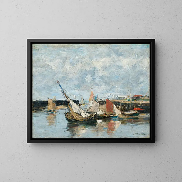 Barques à Trouville, lavvande - Eugène Boudin — indrammet kunstværk på væggen