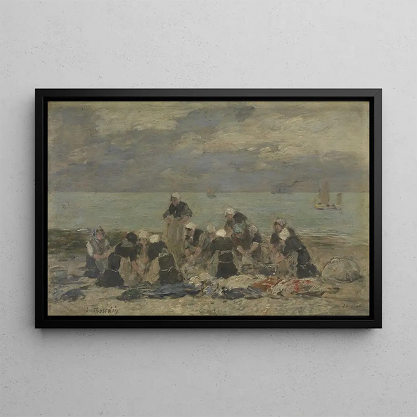 kvinder, der vasker tøj i Étretat - Eugène Boudin — indrammet kunstværk på væggen