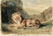 Løve liggende i et landskab - Eugène Delacroix — visning af kunstværket