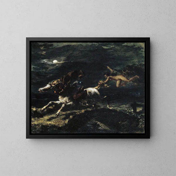 Tam O'Shanter forfulgt af hekse - Eugène Delacroix — indrammet kunstværk på væggen