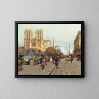 Notre-Dame de Paris maleri set fra Montebello-broen - Eugène Galien-Laloue — indrammet kunstværk på væggen