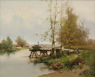 L'étang ved landsbyen - Eugène Galien-Laloue — visning af kunstværket