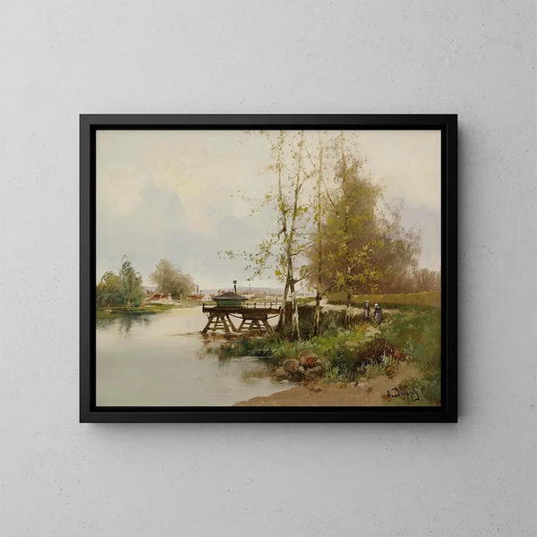 L'étang ved landsbyen - Eugène Galien-Laloue — indrammet kunstværk på væggen