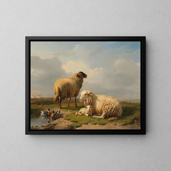 Moutons, lam og ænder nær en dam - Eugène Joseph Verboeckhoven — indrammet kunstværk på væggen