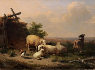 Eugne Joseph Verboeckhoven - Sheep goat and poultry by a shelter in a hilly landscape.webp