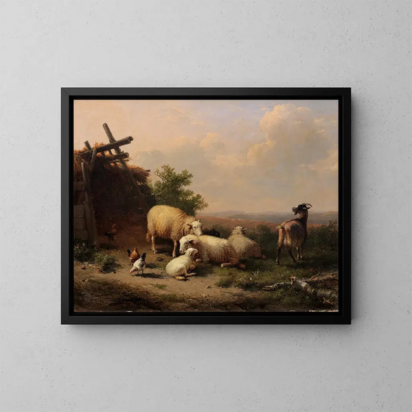 Moutons, chèvres og volaille près d'un abri dans un paysage vallonné - Eugène Joseph Verboeckhoven — indrammet kunstværk på væggen