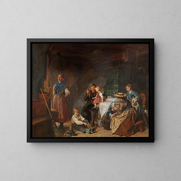 Familie scene - Felix Schlesinger — indrammet kunstværk på væggen