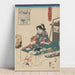 Reproduktion af maleriet Kvinde ved bordet, hvid kat springende på en sommerfugl - Utagawa Kuniyoshi