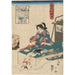 Reproduktion af maleriet Kvinde ved bordet, hvid kat springende på en sommerfugl - Utagawa Kuniyoshi
