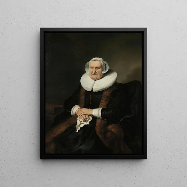 Portrait af en gammel dame, måske Elisabeth Bas - Ferdinand Bol — indrammet kunstværk på væggen