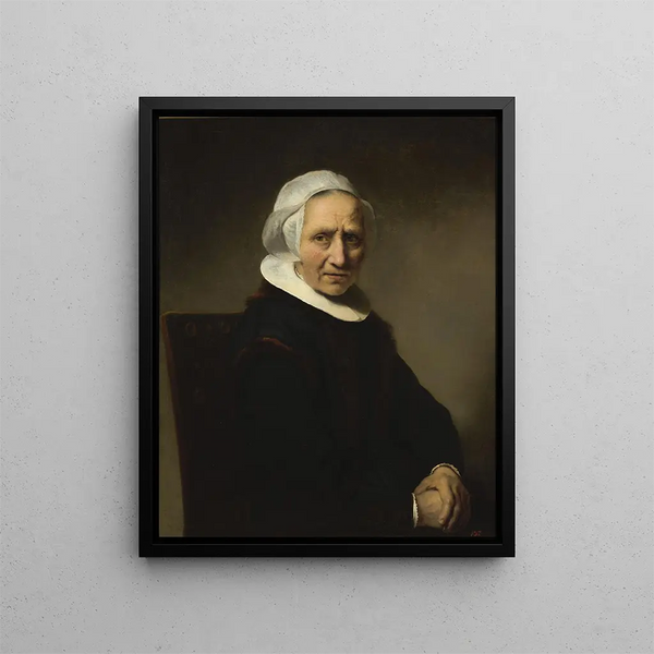Portrait af en gammel kvinde med hvid hue - Ferdinand Bol — indrammet kunstværk på væggen