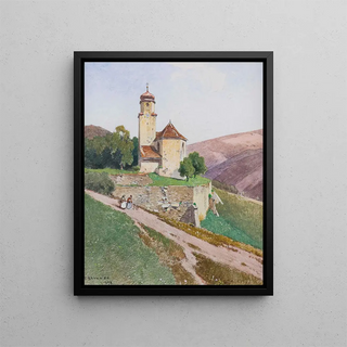 Ferdinand Brunner - Hgelige Sommerlandschaft mit Kapelle und Personenstaffage.webp