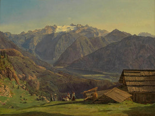 Vue af Dachstein med Hallstätter-søen set fra Hütteneckalpe nær Ischl - Ferdinand Georg Waldmüller — visning af kunstværket