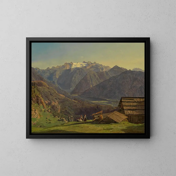 Vue af Dachstein med Hallstätter-søen set fra Hütteneckalpe nær Ischl - Ferdinand Georg Waldmüller — indrammet kunstværk på væggen