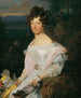 Dame i hvid kjole foran et landskab af viennese skove - Ferdinand Georg Waldmüller — visning af kunstværket
