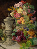 Naturmørke med frugt, blomster og sølvskål - Ferdinand Georg Waldmüller — visning af kunstværket