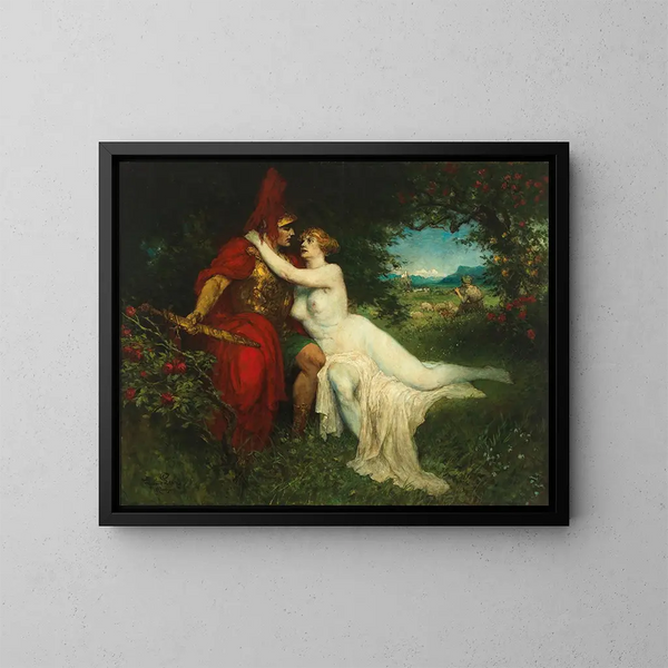 Richard Wagner's opera Venusberg-scene Tannhäuser og Vénus i et kunsttryk af Ferdinand Leeke — indrammet kunstværk på væggen