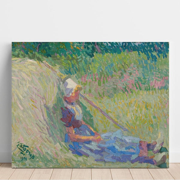 Reproduktion af maleriet af pige, der hviler mod en høhæk - Jan Toorop