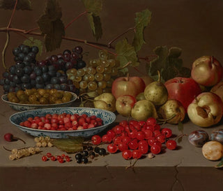 Floris van Schooten - Plates of cherries and wild strawberries with grapes apples pears plums and other fruits on a stone ledge.webp