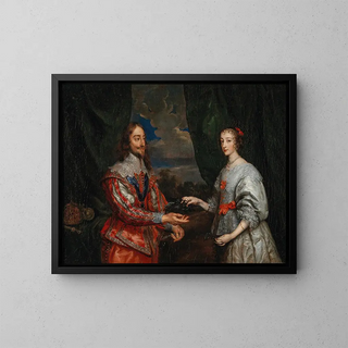 Portrait af kong Charles I og dronning Marie Henriette - Antoine van Dyck-skolen — indrammet kunstværk på væggen