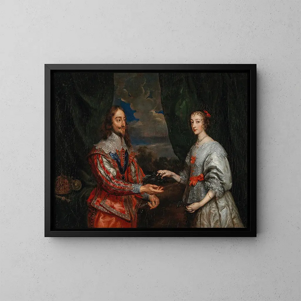 Portrait af kong Charles I og dronning Marie Henriette - Antoine van Dyck-skolen — indrammet kunstværk på væggen