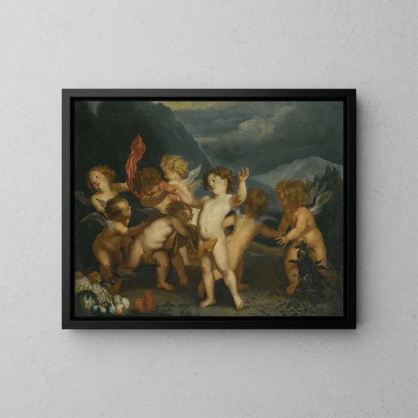 Putti i et landskab - Antoine van Dyck-skolen — indrammet kunstværk på væggen