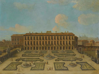 Follower of Francesco Battaglioli - View Of A Palace Possibly The Palacio Riofrio In Segovia With Figures Promenading In The Formal Gardens.webp