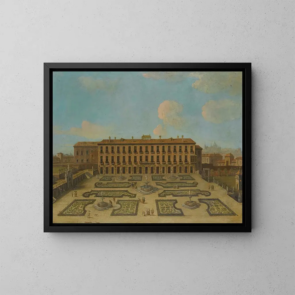 Vue d'un palais, peut-être le Palacio Riofrío à Ségovie, avec des figures se promenant dans les jardins à la française - Ecole de Francesco Battaglioli — indrammet kunstværk på væggen
