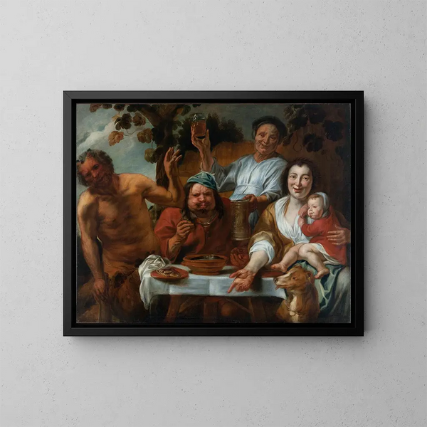 Le satyre et le paysan - Ecole de Jacob Jordaens — indrammet kunstværk på væggen
