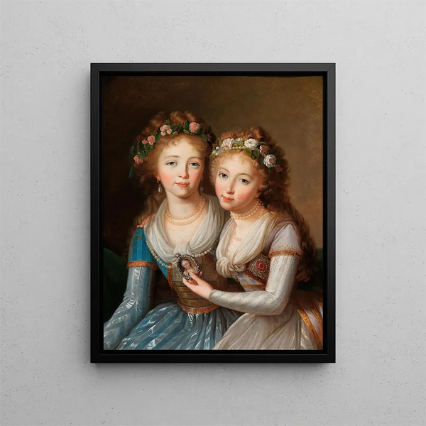 Dobbel portræt af storhertuginderne Alexandra 1783-1801 og Hélène 1784-1803 Romanov, døtre af tsar Paul I - Marie-Louise Élisabeth Vigée Le Brun Skole — indrammet kunstværk på væggen