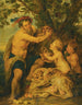 En mand der drikker med putti og en tiger - Peter Paul Rubens skole — visning af kunstværket