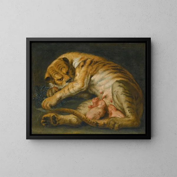 En tigerinde med sine unger - Peter Paul Rubens' Skole — indrammet kunstværk på væggen