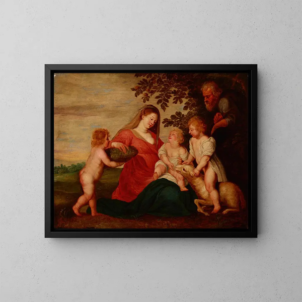 Sankt Familie med den Hellige Barn Johannes Døberen og en Engel - Peter Paul Rubens' Skole — indrammet kunstværk på væggen