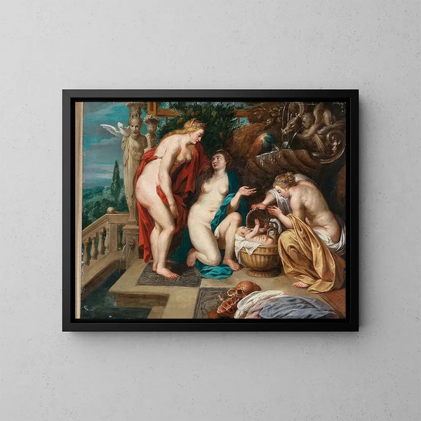 Cécropios' døtre, der opdager barnet Érichthonios - Peter Paul Rubens' skole — indrammet kunstværk på væggen