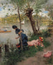 Elegant dame maleri, der hviler ved bredden af en flod - Francesc Miralles i Galaup — visning af kunstværket
