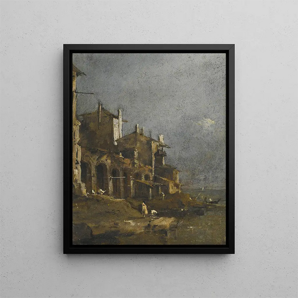 Et kystlandskab af Capriccio med figurer på kysten under en bue - Francesco Guardi — indrammet kunstværk på væggen