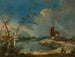 En skør af en rustik tårn ved bredden af en sø - Francesco Guardi — visning af kunstværket