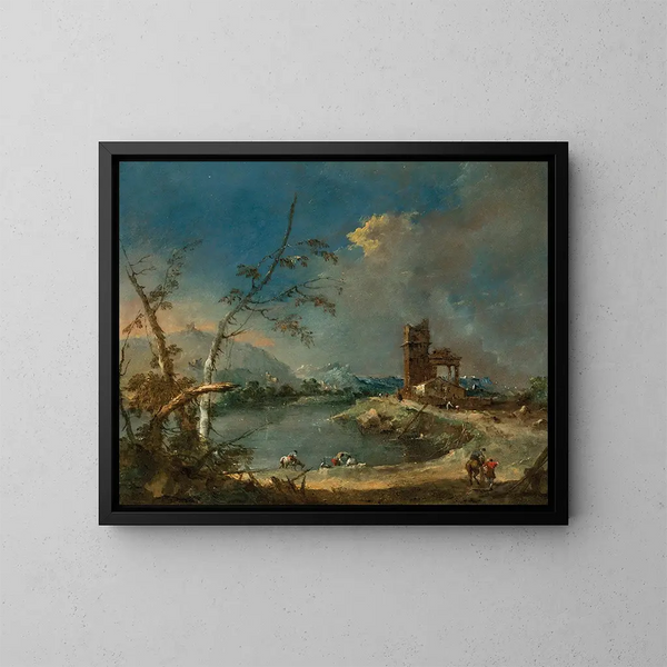 En skør af en rustik tårn ved bredden af en sø - Francesco Guardi — indrammet kunstværk på væggen