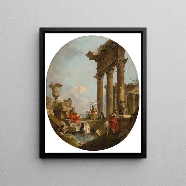 Et arkitektonisk indfald med figurer blandt klassiske ruiner Et tempel derover - Francesco Guardi — indrammet kunstværk på væggen
