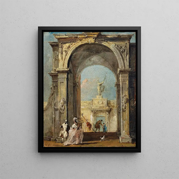Et arkitektonisk indfald med elegant klædte personer og en hund ved indgangen til et palads - Francesco Guardi — indrammet kunstværk på væggen