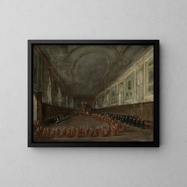 "Le pape Pie VI descendant du trône pour faire ses adieux au doge dans la salle des SS Giovanni e Paolo 1782" af Francesco Guardi — indrammet kunstværk på væggen