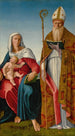 Jomfru Maria med Barnet med en biskop Saint - Francesco Marmitta — visning af kunstværket