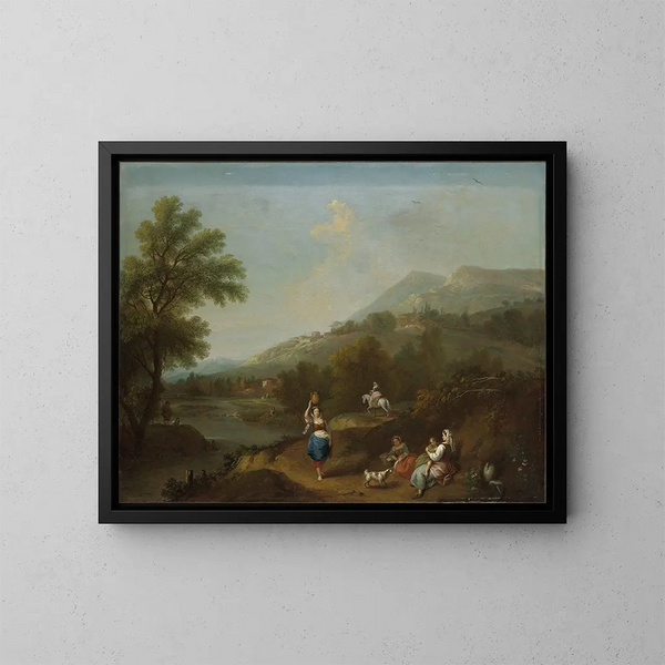 Landskab med idyllisk flod med figurer - Francesco Zuccarelli — indrammet kunstværk på væggen