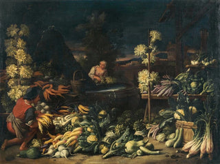 Francesco della Questa - Fruit sellers by a fountain with vegetables and flowers.webp