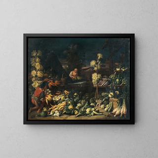 Francesco della Questa - Fruit sellers by a fountain with vegetables and flowers.webp