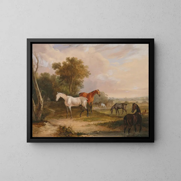 hestegræsende en grå hingst med hopper i en fold - Francis Calcraft Turner — indrammet kunstværk på væggen