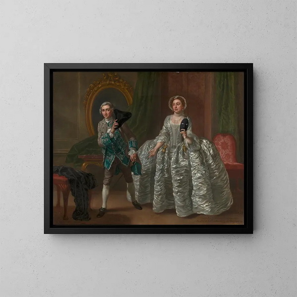 David Garrick og fru Pritchard i Benjamin Hoadly's "Den mistænksomme ægtemand" - Francis Hayman — indrammet kunstværk på væggen