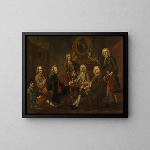 Portrait af en gruppe af adelsmænd med kunstneren - Francis Hayman — indrammet kunstværk på væggen
