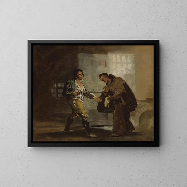 Le bror Pedro giver sko til El Maragato og forbereder sig på at fjerne sit våben. - Francisco de Goya — indrammet kunstværk på væggen
