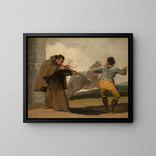Den bror Pedro skyder på El Maragato, mens hans hest flygter - Francisco de Goya — indrammet kunstværk på væggen